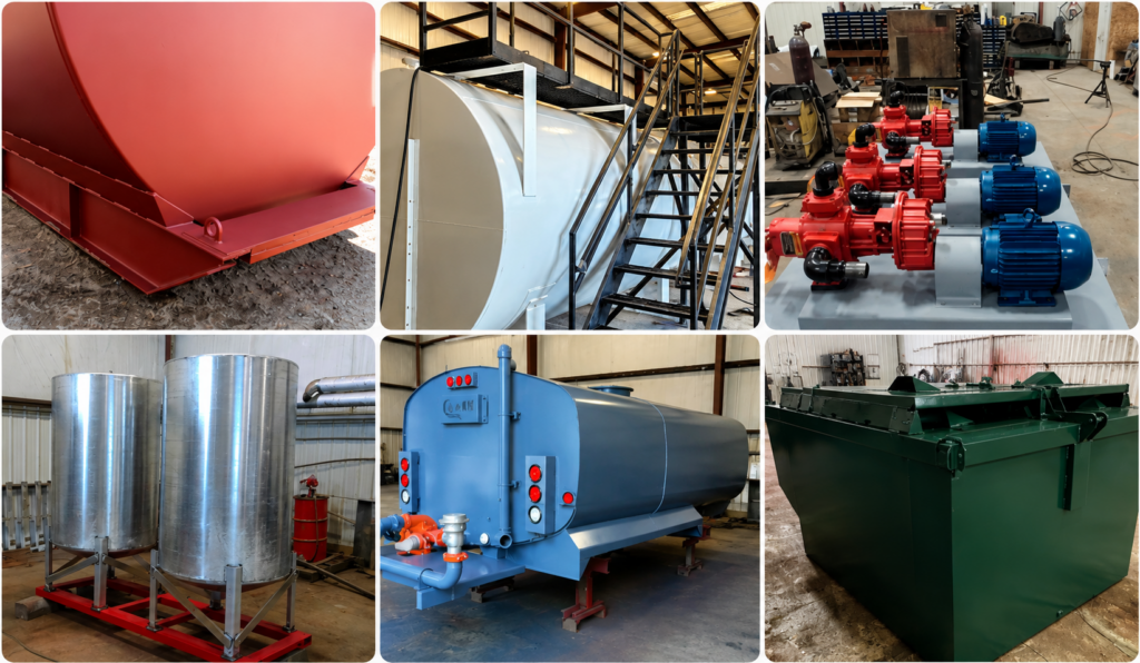 Portfolio collage showing tanks, fabrication, dispensing systems, and specialty projects