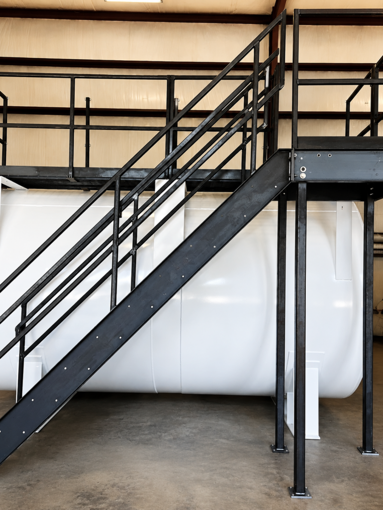 Steel tank access stairs, platform, and handrails