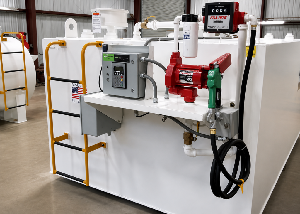 Fuel dispensing package with pump, meter, filter, controller, and hose