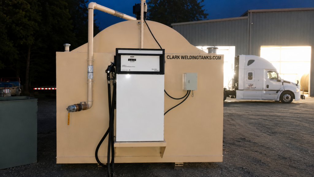 Fuel storage tank with pump, dispenser, hose and nozzle