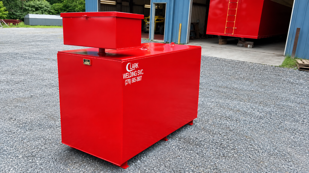 Custom steel cube storage vessel with elevated containment box