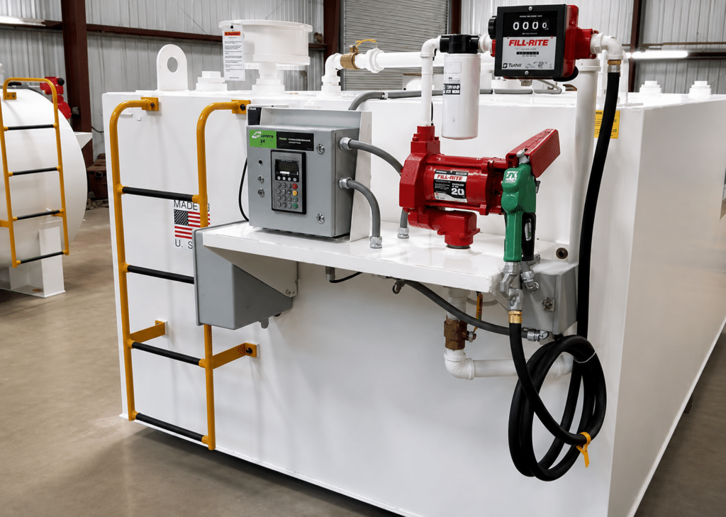 Fuel dispensing equipment with pump, meter, filter, controller, and hose