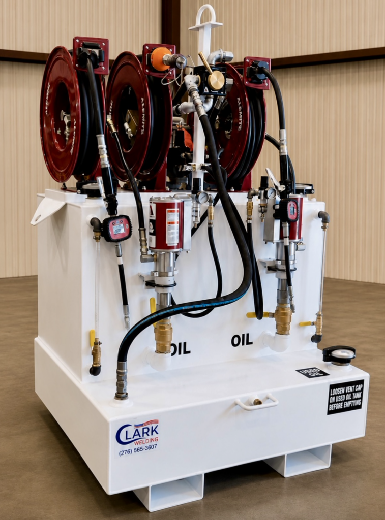 Multi-product oil storage system with hose reels, pumps, and meters
